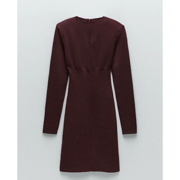 ZARA Heavy Long Sleeved Burgundy Bodycon Dress New - Picture 5 of 7